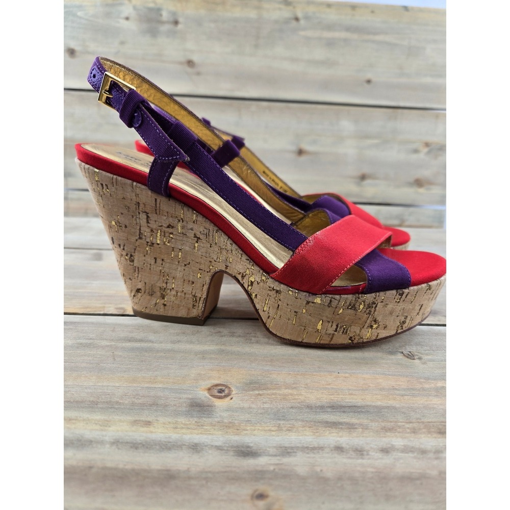 Kate Spade Penny Red Purple Cork Wedge Platform Sandals 8.5 M Gold Fleck Canvas